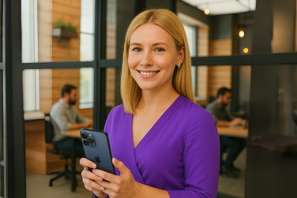 Blonde lady AXI purple sweater and iPhone16ProMax