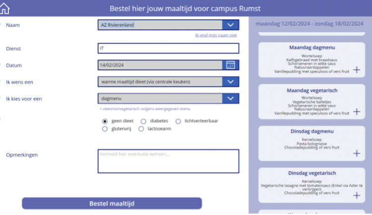 Screenshot AZ Rivierenland M365 maaltijdapplicatie
